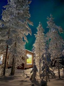 a cabin in the woods with snow covered trees at Aurora Hill Resort, Rovaniemi in Rovaniemi