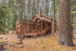 una cabaña en el bosque con un árbol en Tahoe Pines Beach Retreat home, en Tahoe Pines