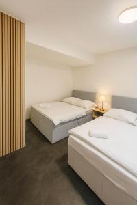 two beds sitting in a room with at Ideal for Big Groups, Modern 14 Guest Apartment Near Prague in Rakovník
