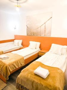 2 Betten in einem Zimmer mit einem Brückenbild an der Wand in der Unterkunft Pensiunea Vila Chesa in Corunca