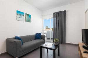 a living room with a couch and a tv at Apartaments S'Estanyol in La Savina