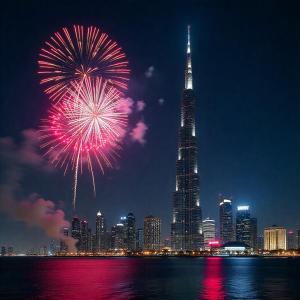 a firework display in front of a city at night at Burj Khalifa Fireworks View Downtown - One Bedroom Apartment in Dubai
