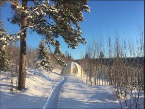 a snow covered road with a bridge in the distance at Romantic night in a dome tent lake view in Bjuråker +24 photos