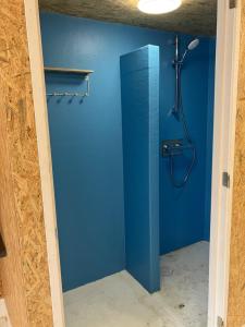 KlundertDe Keet op een boerencamping的浴室设有蓝色的墙壁和淋浴。