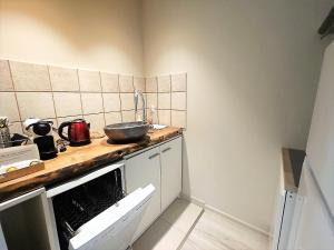 Una cocina con una encimera y un recipiente encima de un lavavajillas. en Labo Apartment Plac Konstytucji, en Warszawa
