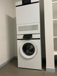 una lavatrice e un'asciugatrice in camera di Spacious light-flooded apartment with garden at Lake Zurich a Männedorf