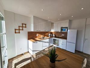 eine Küche mit weißen Schränken und einer Topfpflanze in der Unterkunft Maison - Saint-Martin La Plaine - Loire in Saint-Martin-la-Plaine