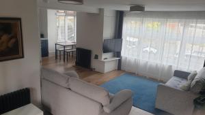 uma sala de estar com dois sofás e uma televisão em The Cube at No. 21. Modern & Stylish getaway. em Ilfracombe