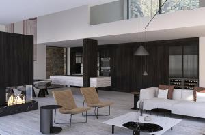 ein Wohnzimmer mit Couch und Kamin in der Unterkunft Kenshō Paros in Krotiri