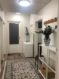 a hallway with a door and a vase with a plant at Elf apartment in Rovaniemi +17 photos