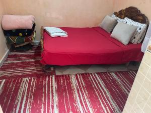 a bedroom with a red bed and a rug at Rest in Agadir +7 photos