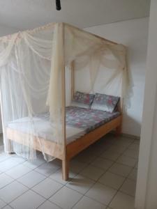 ein Bett mit Baldachin in einem Zimmer in der Unterkunft Dago-Nid Baobab Appartement in Mamoudzou