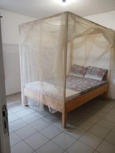 ein Bett mit Baldachin in einem Zimmer in der Unterkunft Dago-Nid Baobab Appartement in Mamoudzou