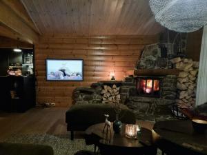 a living room with a stone fireplace and a television at Family Cabin With Stunning Views At Sjusjøen in Eggedal