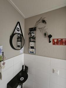 a bathroom with a black toilet and a mirror at Chalet 138 lodge in Sint Annaland