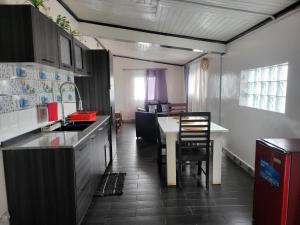 een keuken met een aanrecht, een tafel en stoelen bij Chez Lalie in Mandriankeniheny