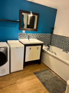 y baño con lavabo, lavadora y bañera. en Magnifique loft 130m2 Le Mans, en Le Mans