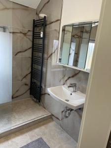 鲁尔河畔米尔海姆Ferienwohnung Ruhrperle的浴室里有洗手池和镜子