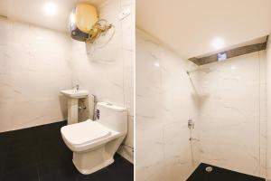 two pictures of a bathroom with a toilet and a shower at FabHotel South Paradise in New Delhi