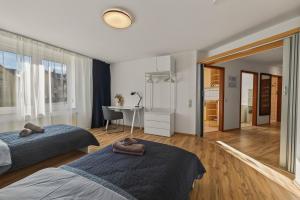 布雷滕Lara - Stilvolle 3-Zimmer-Unterkunft im Herzen von Bretten的一间卧室，里面有两张床和一张书桌