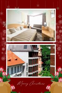 a collage of photos of a hotel room at Hotel Orion in Budapest