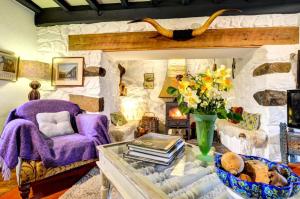 sala de estar con silla púrpura y pared de piedra en Ty Uchaf, en Dolbenmaen