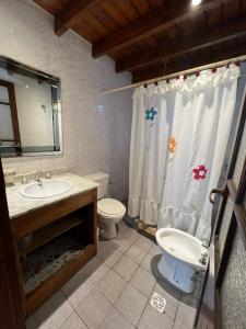 a bathroom with a sink and a toilet and a shower curtain at Cabañas Gusfraba in Villa Gesell