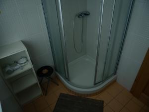 a shower with a glass door in a bathroom at Roubená chalupa Máca in Vrchlabí +31 photos