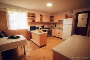 eine Küche mit einem weißen Kühlschrank und einem Tisch in der Unterkunft Pensiunea MariFlor in Ranca