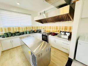 una cocina con armarios blancos y una isla de acero inoxidable en Villa Rosaria, en Beragala 29 fotos más