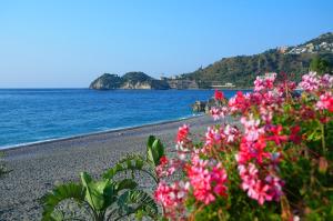 a beach with pink flowers and the ocean at Hotel Caparena in Taormina