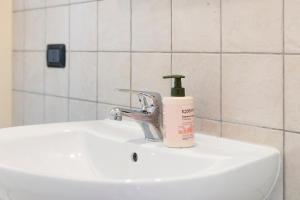 a white sink with a bottle of soap on it at Magnifico Roero Relax Tre Camere in Canale