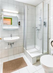 a bathroom with a shower and a sink and a toilet at Gasthof Kranerwirt in Lannach