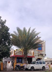a car parked next to a palm tree in front of a building at Hotel Nirmalai Palace Mahur in Māhūr