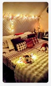 um quarto com uma cama com luzes de Natal em Chambre cosy em Buhl