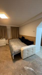 ein Schlafzimmer mit einem weißen Bett und einer Couch in der Unterkunft Casa Cota in Craiova