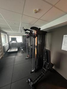 a room with a gym with a treadmill and a room with at Luxury Seaside Apartment Tromsø in Tromsø