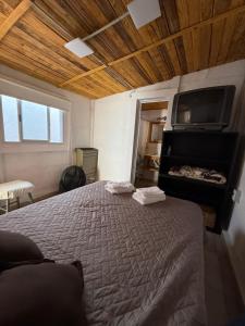 een slaapkamer met een groot bed en een televisie bij Departamentito Cabral in Tandil