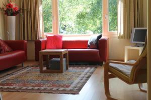 a living room with a red couch and a tv at Heitje 166 in Den Burg