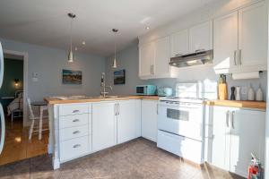 a kitchen with white cabinets and white appliances at Lakeside & Private dock - Le Suisse d-Entrelacs in Entrelacs