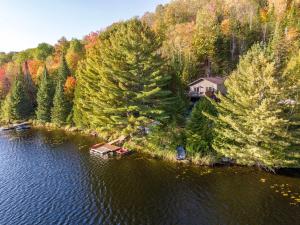an aerial view of a lake with trees and a house at Lakeside & Private dock - Le Suisse d-Entrelacs in Entrelacs