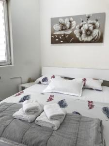 克拉古耶瓦茨Luna的一间卧室，有两张床，床上有毛巾