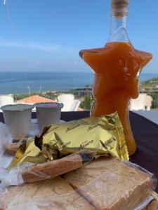 阿格罗波利B&B Stella del Cilento & Sole Rooms的桌子上放着一个三明治和一瓶酱汁