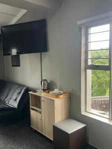 Una habitación con una cama y un escritorio con televisión. en 1 on Eden, en Pinetown