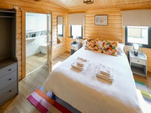 Un dormitorio con una cama grande y un televisor. en Primrose Lodge - Uk50874, en Hittisleigh