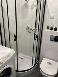 a bathroom with a shower with a toilet and a washing machine at Apartament Tuwima 2 in Zabrze +36 photos
