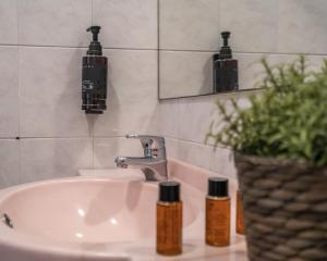ein Waschbecken mit zwei Flaschen ätherischer Öle darauf in der Unterkunft Milano Simple in Bellaria-Igea Marina + 105 Fotos