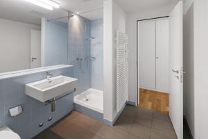 un bagno con lavandino, WC e doccia di Spacious light-flooded apartment with garden at Lake Zurich a Männedorf Altre 56 foto