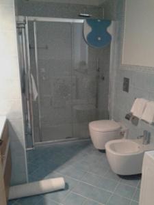 ein Bad mit einer Dusche, einem WC und einem Waschbecken in der Unterkunft Maso Poffer - Cà del Bosco in Malè