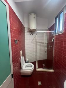 ティラナにあるGolden Flower Hotelのバスルーム(トイレ、赤いタイル張りのシャワー付) +24枚の写真